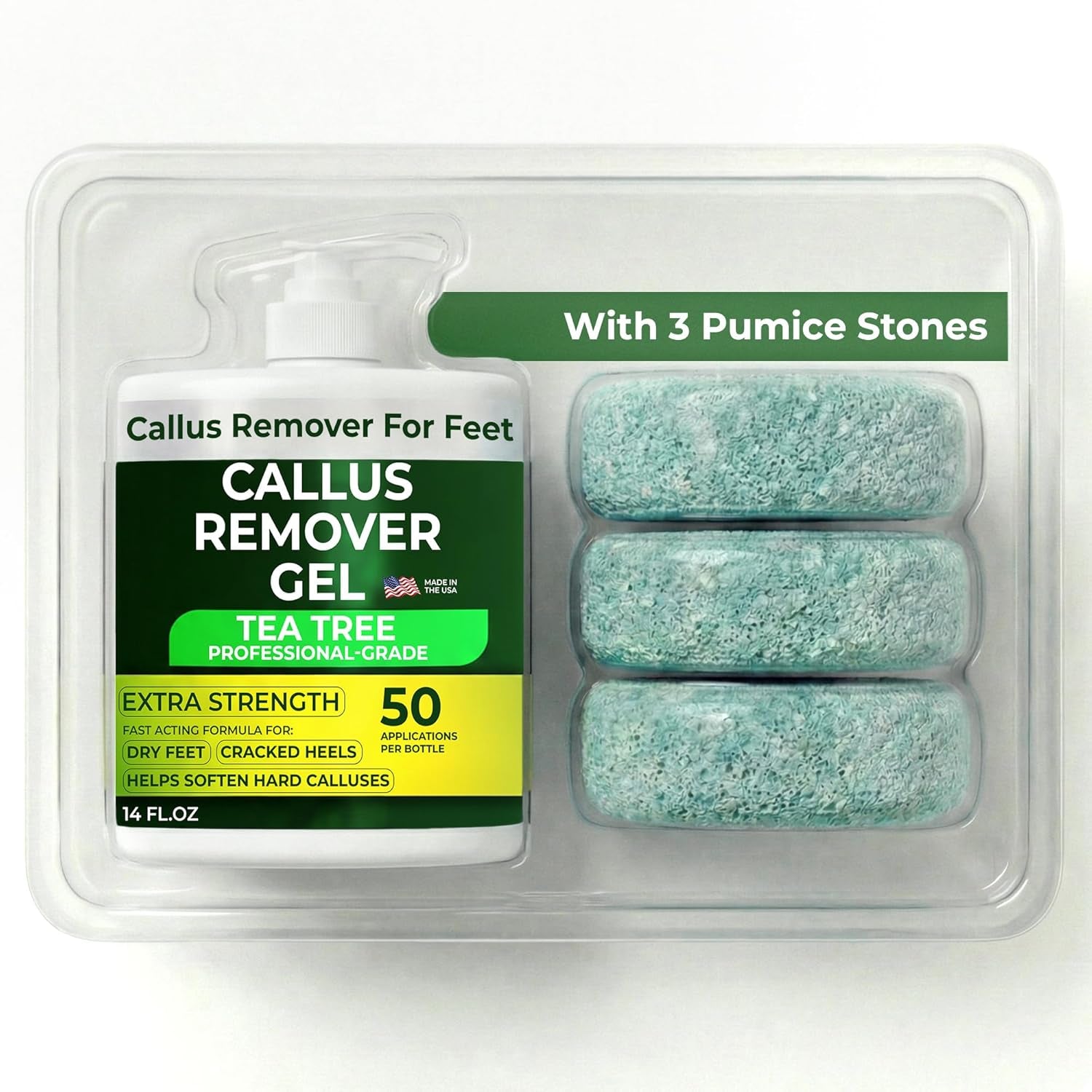 Callus Remover for Feet | Extra Strength Callus Remover Gel for Feet with Tea Tree Oil | Professional-Grade Pedicure Treatment | 50 Applications per Bottle, Includes 3 Pumice Stones | 14 Fl Oz