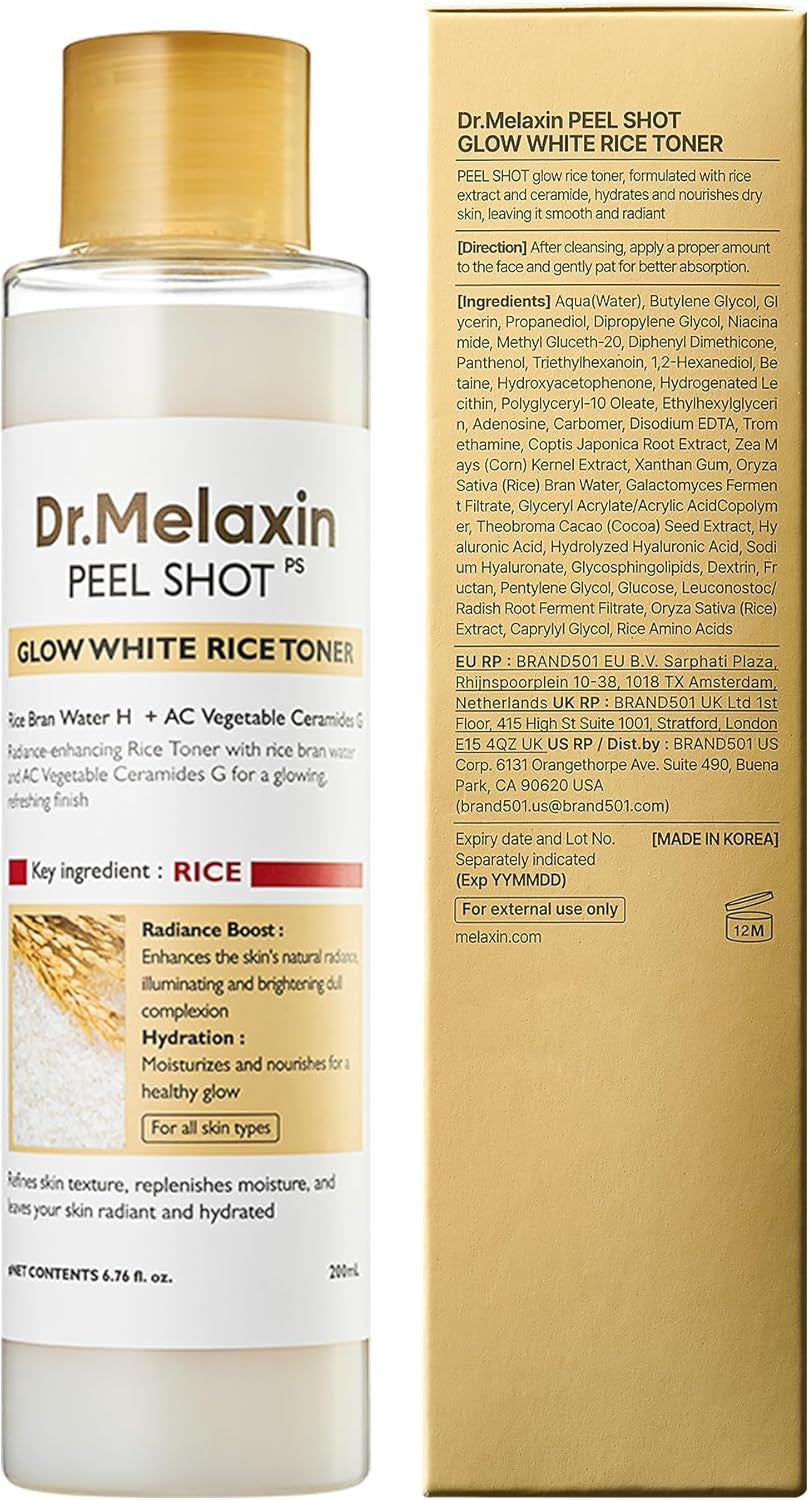 Dr.Melaxin Peel Shot Glow Rice Toner with Rice Extract & Ceramides, Hydrating & Skin Refining Face Toner for Glass Skin, Liposome Oil for Deep Moisture & Barrier Care, Korean Skincare, 6.76 Fl.Oz