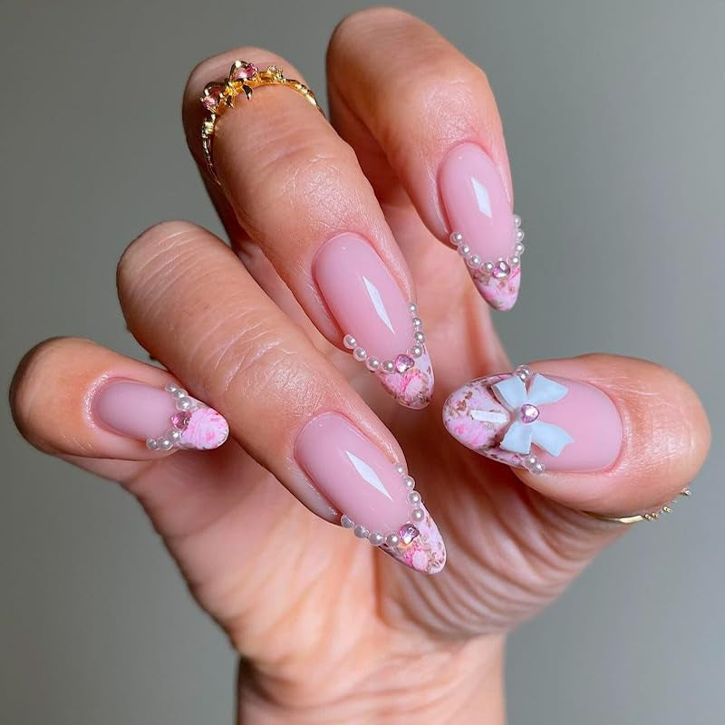 CTTHNBD Press on Nails Almond - French Tip Fake Nails with Gold Line Design - Medium Fasle Nails Press Ons - for Women 24 Pcs