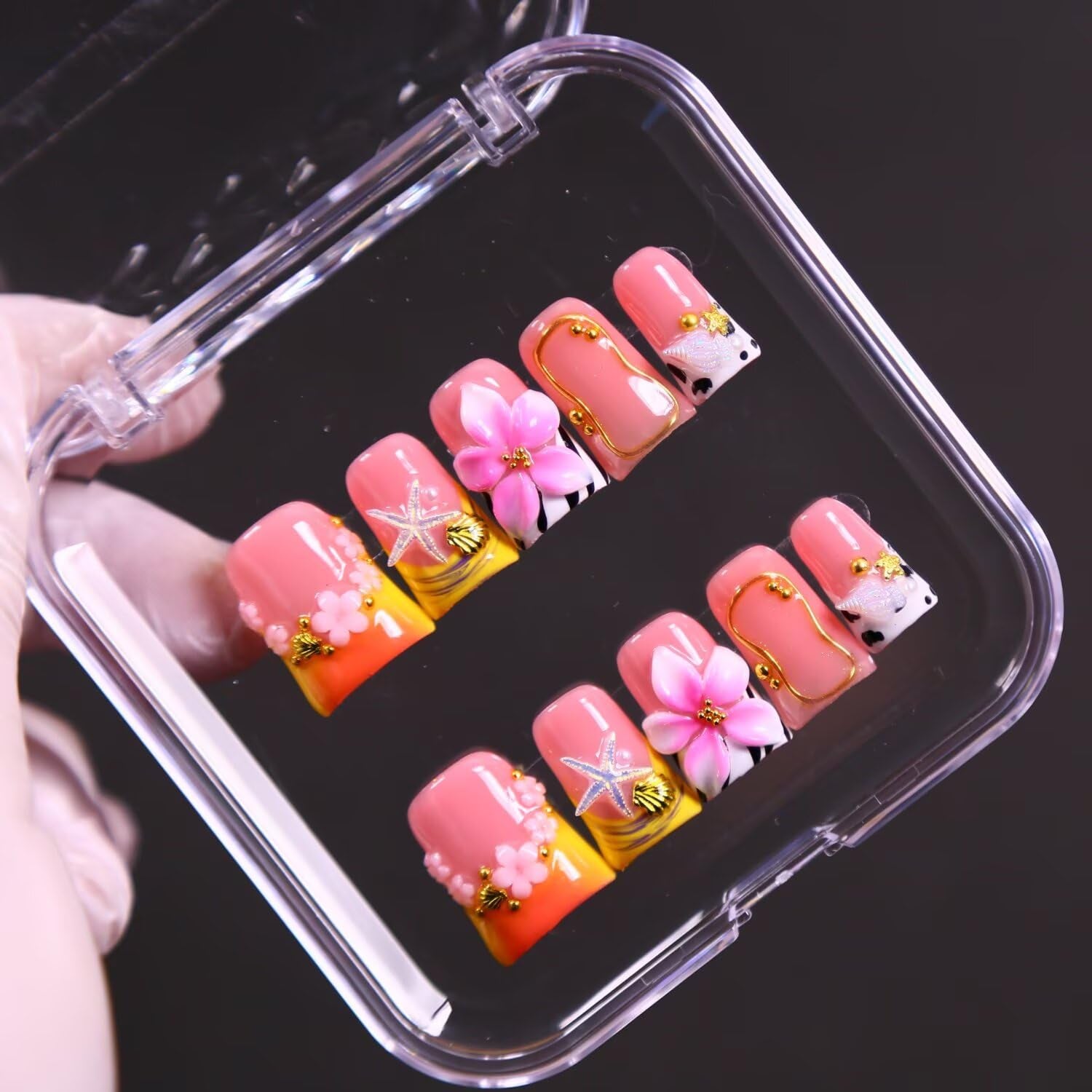 MAGLFELL Salon Press on Nails - 3D Almond Handmade Unique French Fake Nails, Thick Acrylic and Muti-Layer Gel False Nails, Reusable Gel Cured Durable Press Ons (Size S)