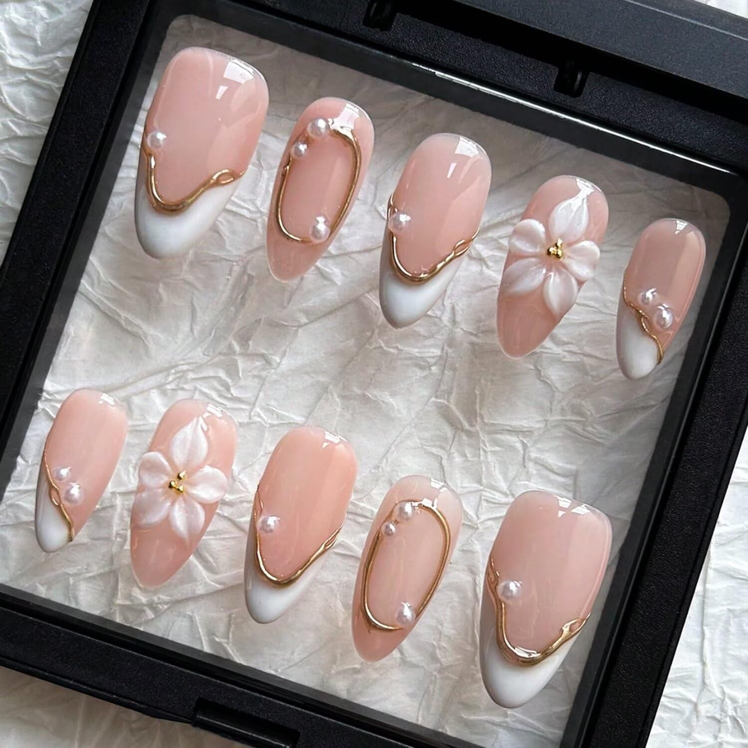 MAGLFELL Salon Press on Nails - 3D Almond Handmade Unique French Fake Nails, Thick Acrylic and Muti-Layer Gel False Nails, Reusable Gel Cured Durable Press Ons (Size S)