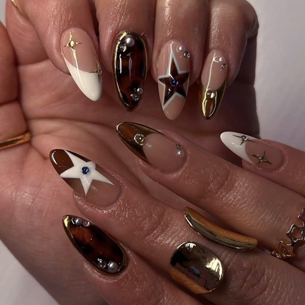 CTTHNBD Press on Nails Almond - French Tip Fake Nails with Gold Line Design - Medium Fasle Nails Press Ons - for Women 24 Pcs