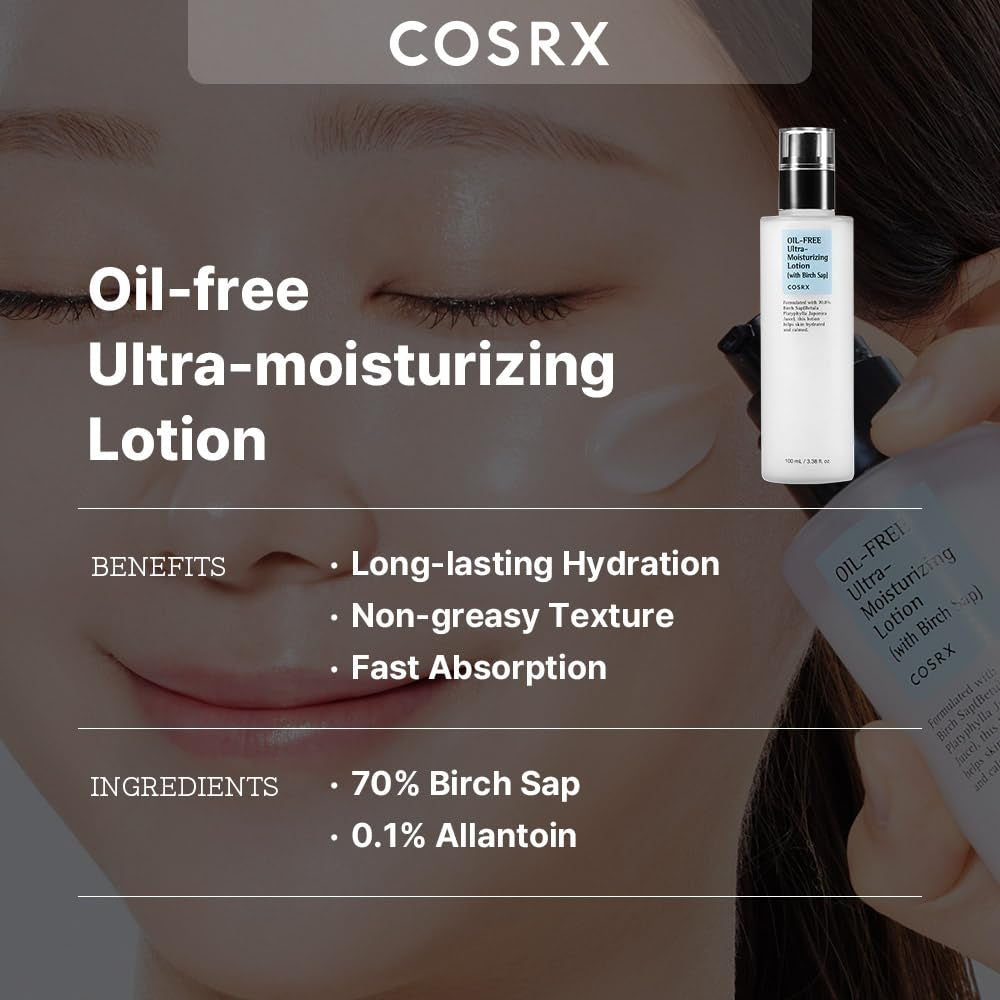COSRX Oil Free Lotion with Birch Sap, Daily Acne Facial Moisturizer, Hydrating Moisturizer for All Skin Types, Korean Skin Care, 3.38 Fl.Oz / 100Ml