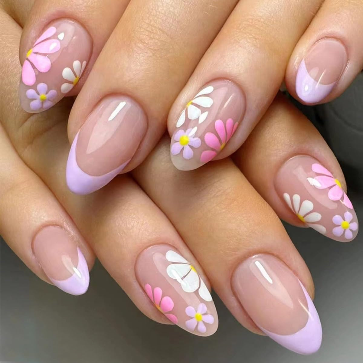 CTTHNBD Press on Nails Almond - French Tip Fake Nails with Gold Line Design - Medium Fasle Nails Press Ons - for Women 24 Pcs