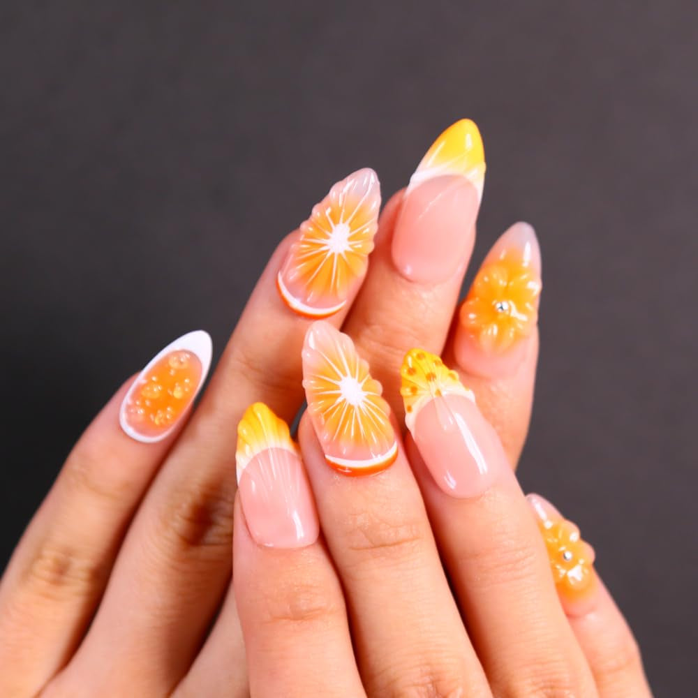 MAGLFELL Salon Press on Nails - 3D Almond Handmade Unique French Fake Nails, Thick Acrylic and Muti-Layer Gel False Nails, Reusable Gel Cured Durable Press Ons (Size S)