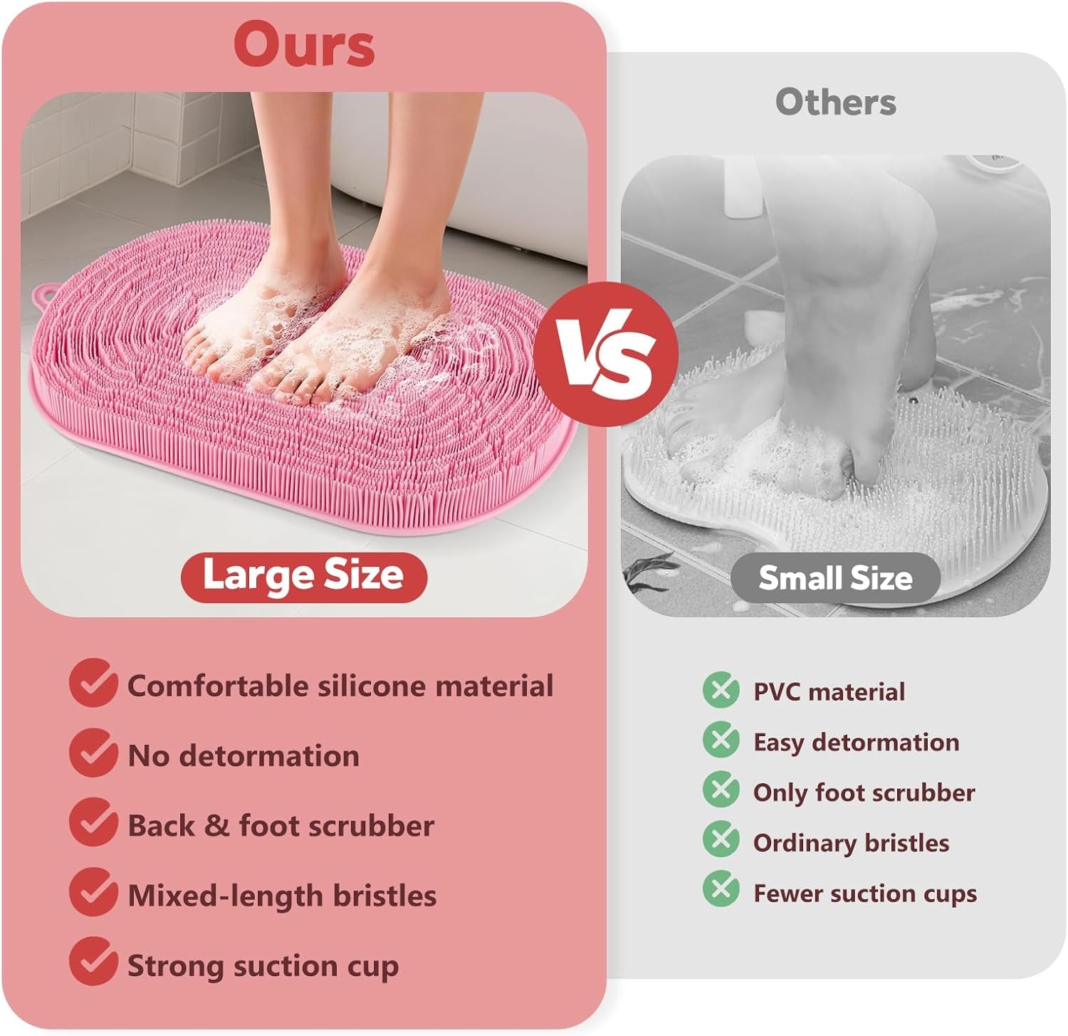 21"×14" Large Shower Foot Scrubber Mat, Silicone Feet/Back Exfoliating Cleaner with Suction Cups, Foot Massage Bath Pad for Dead Skin Removal, No Bending over Soft Bristle Bath Mat