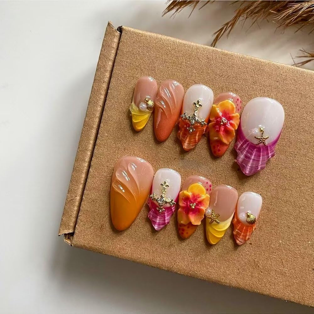 MAGLFELL Salon Press on Nails - 3D Almond Handmade Unique French Fake Nails, Thick Acrylic and Muti-Layer Gel False Nails, Reusable Gel Cured Durable Press Ons (Size S)