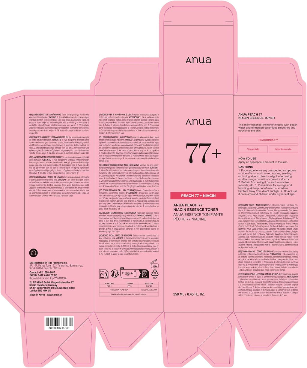 Anua Peach 77 Niacin Essence Toner 250Ml / Brightening Toner for Face, Niacinamide, Panthenol, Ceramides, Facial Toner for Glass Skin, Korean Skin Care (8.45 Fl.Oz.)