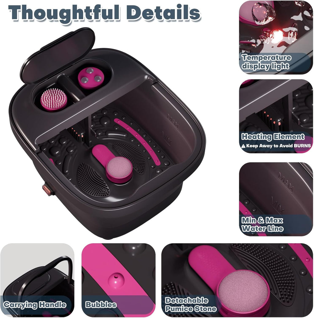 Collapsible Foot Bath, Foot Spa Bath Massager with Heat, Bubble, Remote Control, Temperature Control, 3 Pedicure Attachments, Feet Soaking Tub for Stress Relief