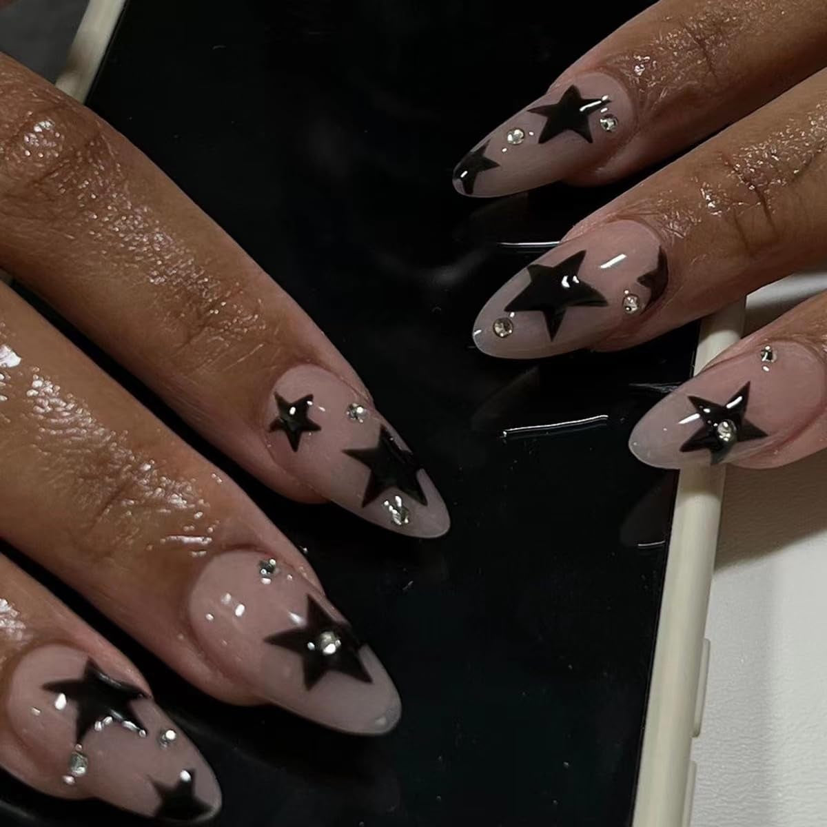 CTTHNBD Press on Nails Almond - French Tip Fake Nails with Gold Line Design - Medium Fasle Nails Press Ons - for Women 24 Pcs