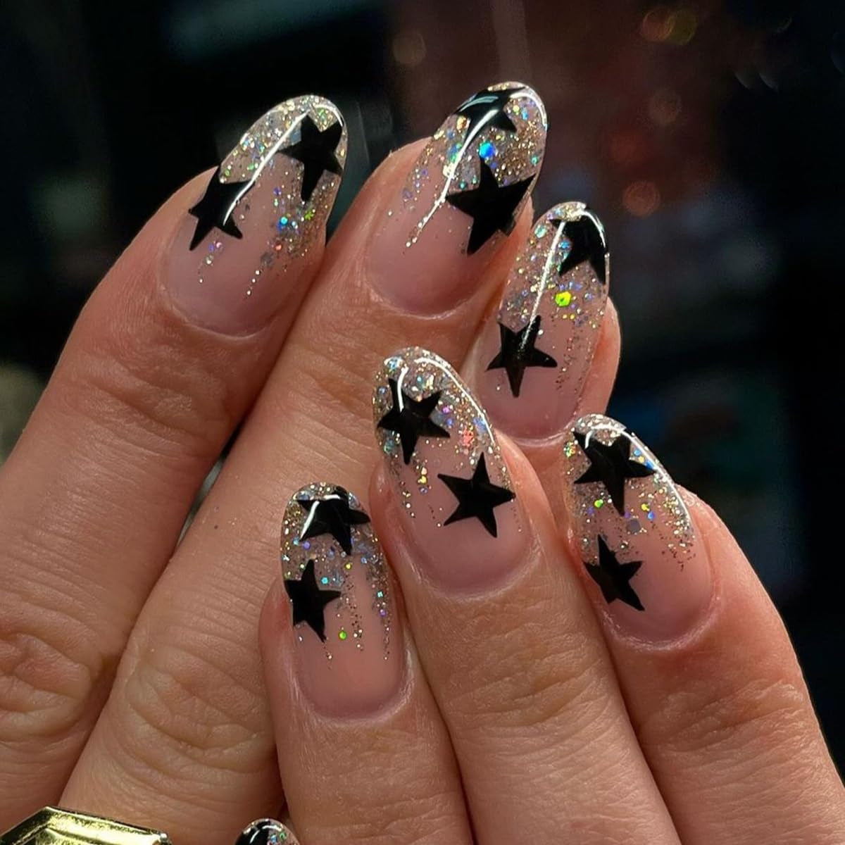 CTTHNBD Press on Nails Almond - French Tip Fake Nails with Gold Line Design - Medium Fasle Nails Press Ons - for Women 24 Pcs