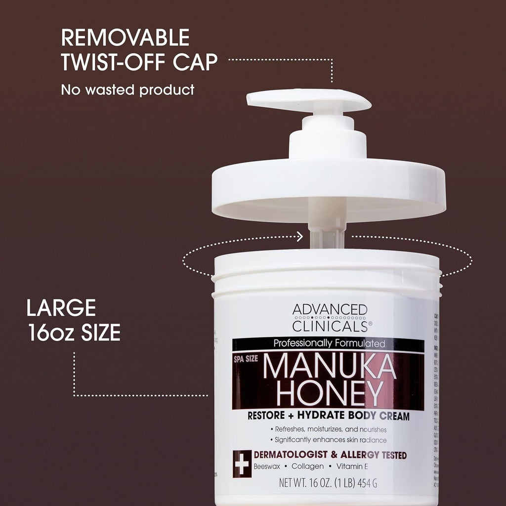 Advanced Clinicals Manuka Honey Body Cream for Women & Men | Body Butter Lotion for Extremely Dry Skin | Collagen Cream | Skincare Moisturizer Hydrating Balm Improves Look of Aging Skin, 16 Ounce