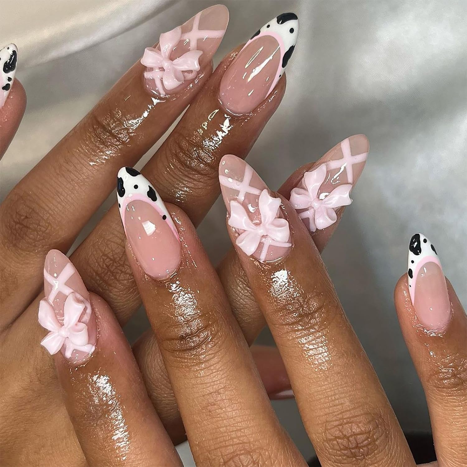 24Pcs Medium Almond Press on Nails French Tip Fake Nails with Brown Leopard Gold Line Design Glossy Reusable False Nail Artificial Acrylic Nails Press Ons Holiday Stick on Nails for Women DIY Manicure