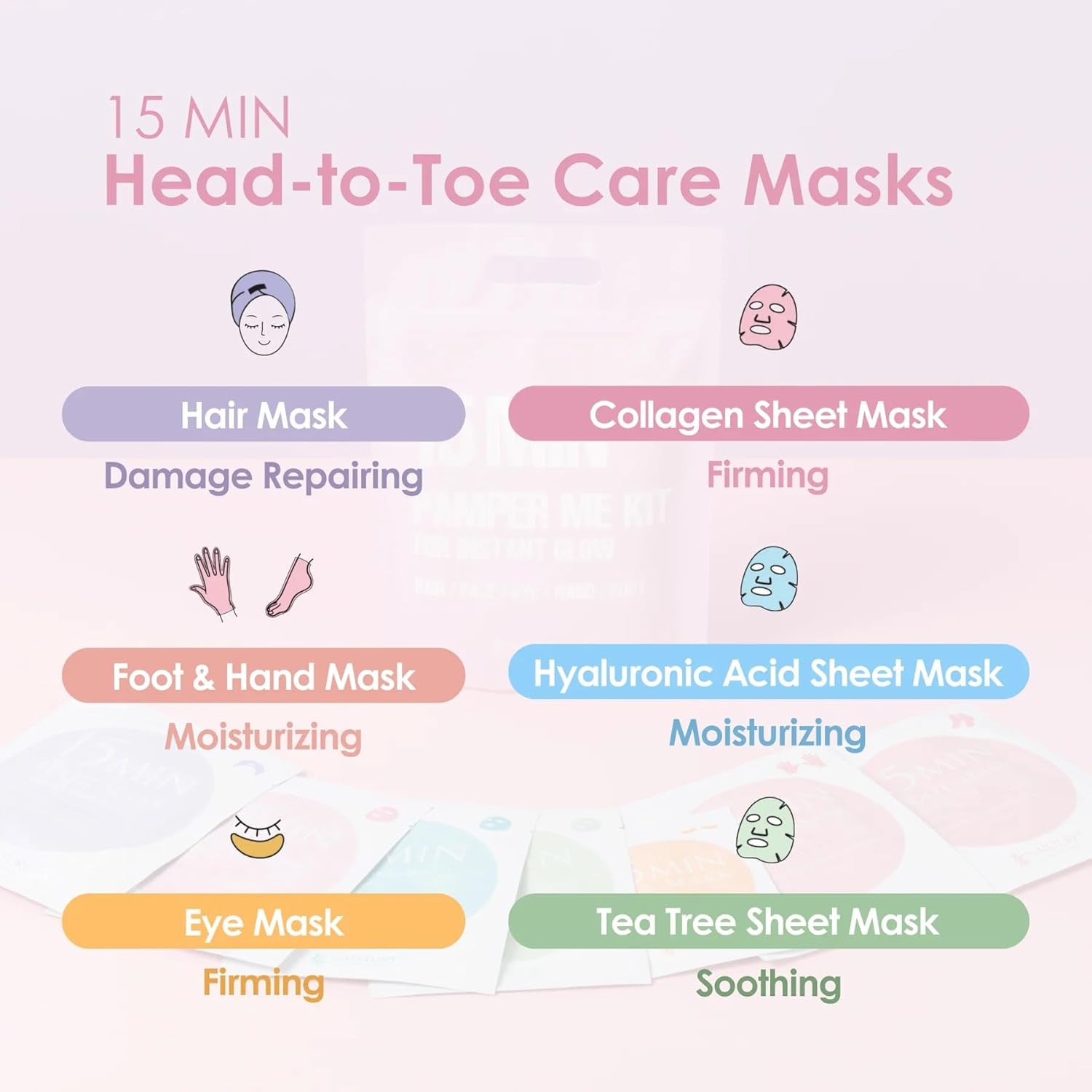Naisture 15 Min Pamper Me Kit Korean Spa Skincare Gift Set for Women-Head to Toe with Hair, Face, Eye, Hand, & Foot Masks (7 Pcs)