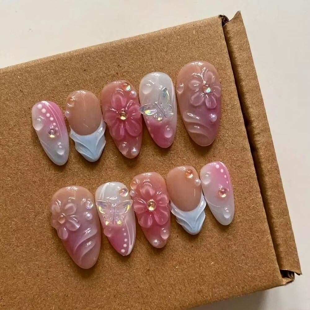 MAGLFELL Salon Press on Nails - 3D Almond Handmade Unique French Fake Nails, Thick Acrylic and Muti-Layer Gel False Nails, Reusable Gel Cured Durable Press Ons (Size S)