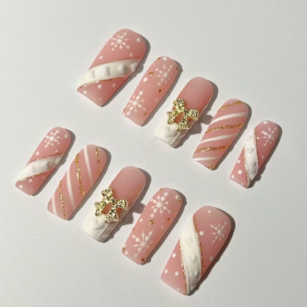 MAGLFELL Salon Press on Nails - 3D Almond Handmade Unique French Fake Nails, Thick Acrylic and Muti-Layer Gel False Nails, Reusable Gel Cured Durable Press Ons (Size S)