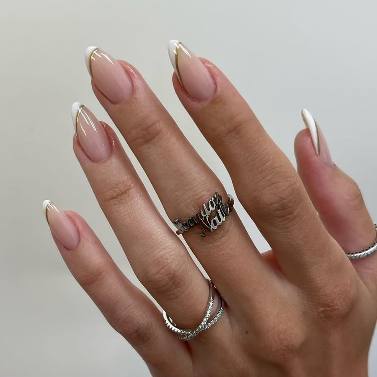 CTTHNBD Press on Nails Almond - French Tip Fake Nails with Gold Line Design - Medium Fasle Nails Press Ons - for Women 24 Pcs