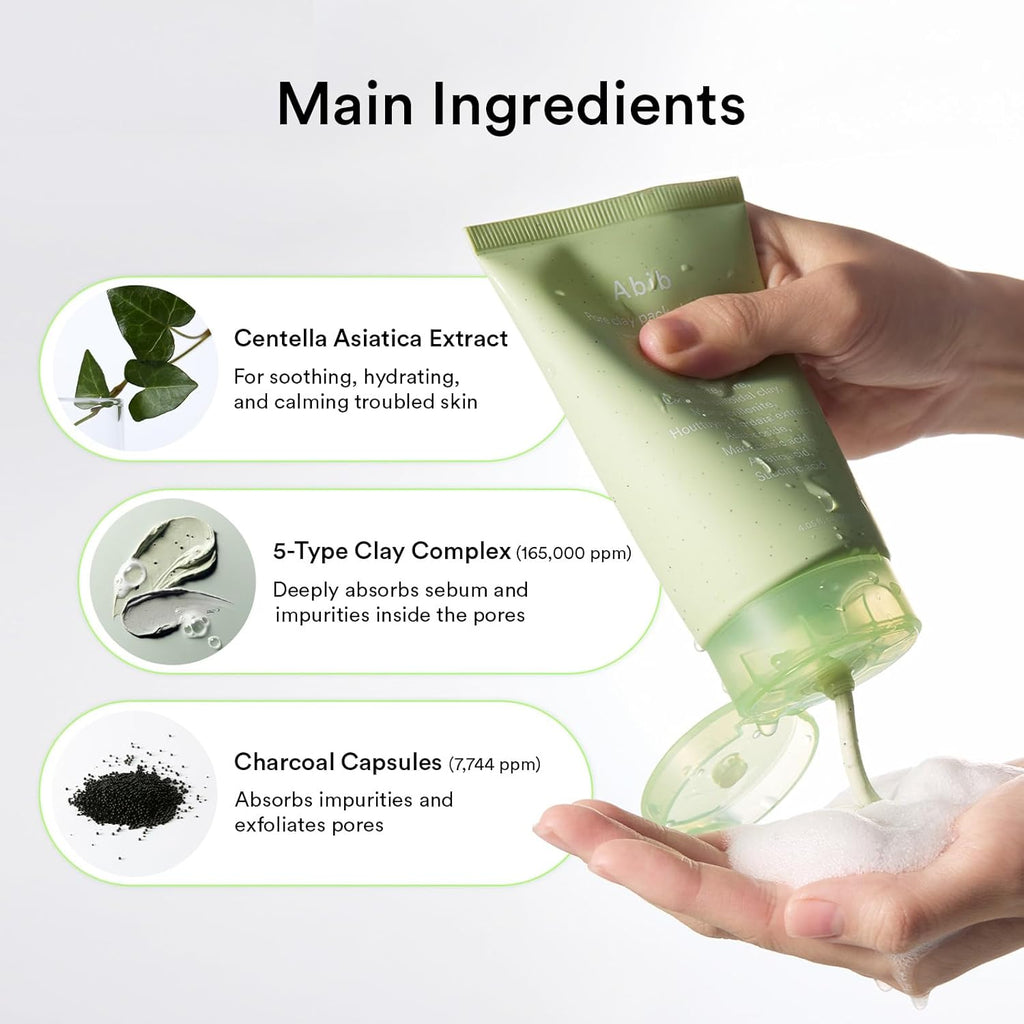 Abib Pore Clay Pack Cleanser Heartleaf Charcoal Foam, 4.05 Fl Oz, Mousse Form, Oil Control, Unscented