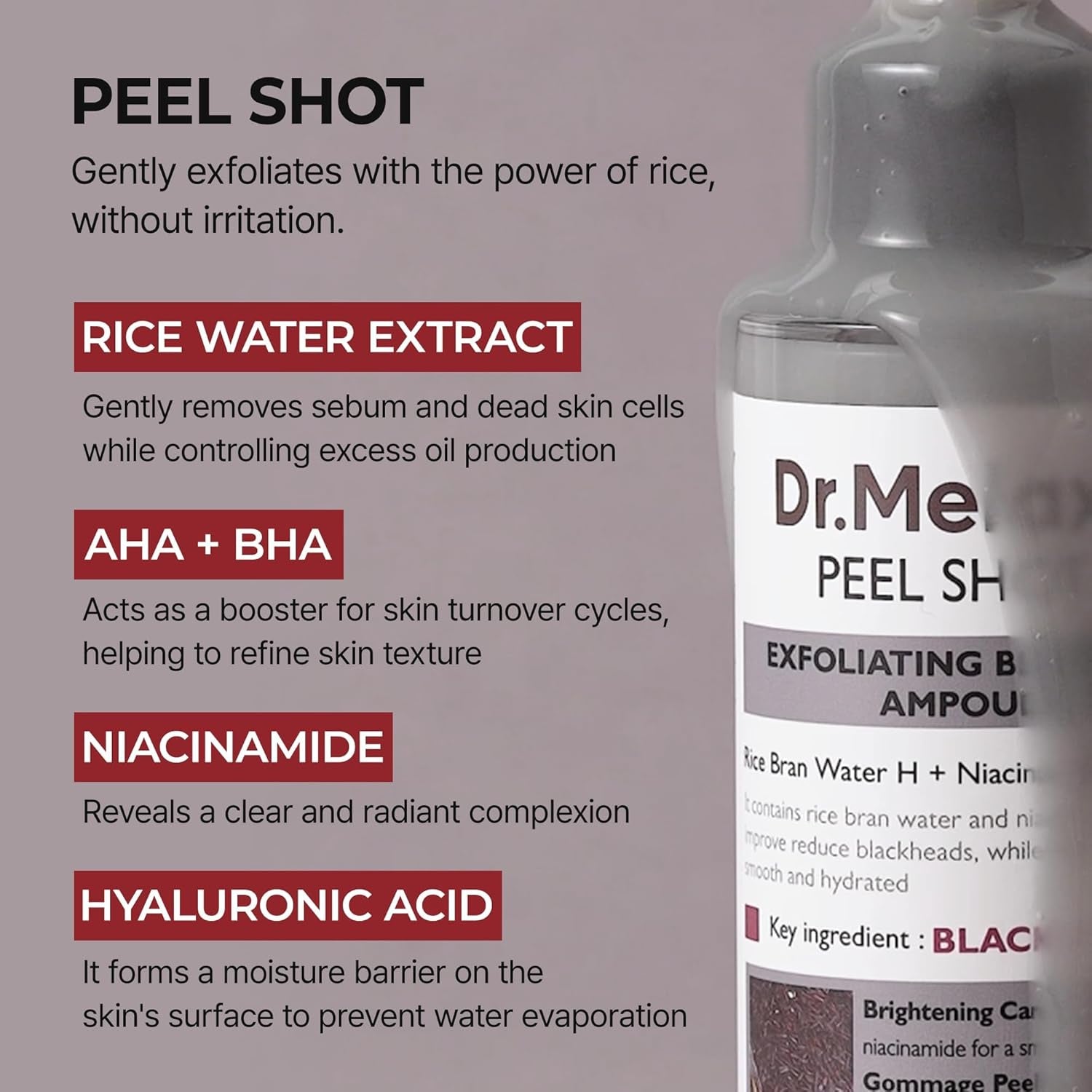 Dr.Melaxin Peel Shot Glow Black Rice Peeling Ampoule – AHA BHA Daily Chemical Exfoliant with Rice Water & Niacinamide, Glass Skin Texture for Dead Skin & Dull Complexion, Korean Skincare 2.7 Fl.Oz