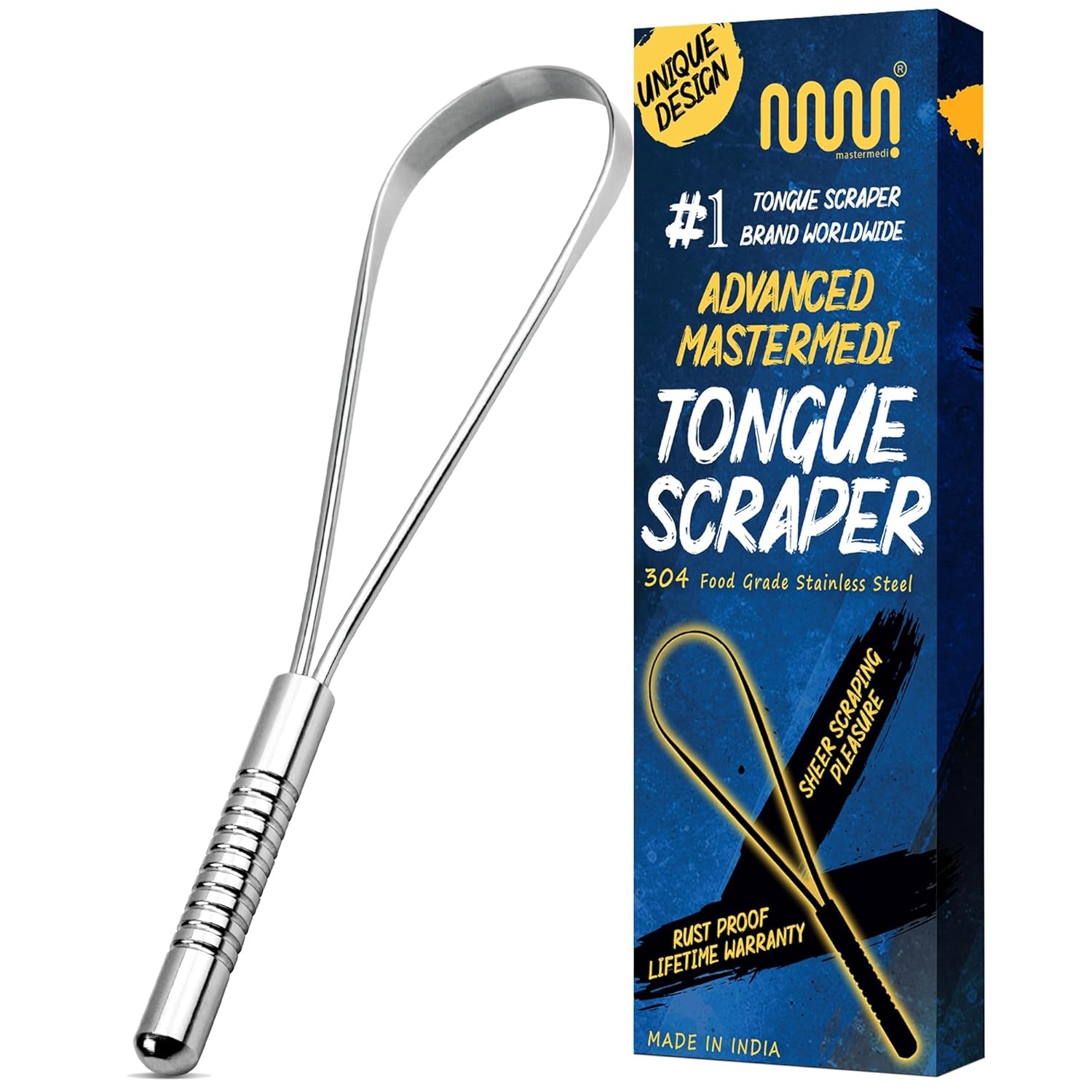 Mastermedi Tongue Scraper for Adults, 100% Stainless Steel Tongue Scrubber for Bad Breath, Easy to Use, Tongue Cleaner for Oral Care & Hygiene (Sptc-1|With Case)