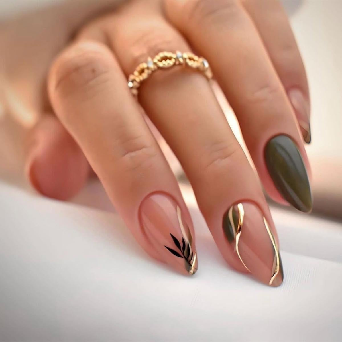 CTTHNBD Press on Nails Almond - French Tip Fake Nails with Gold Line Design - Medium Fasle Nails Press Ons - for Women 24 Pcs