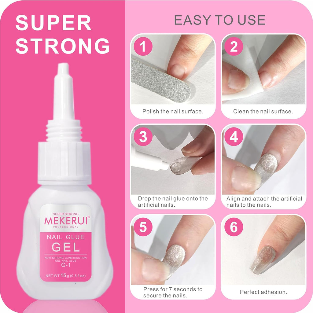 MEKERUI Super Strong Nail Glue Gel 15G – Air-Dries in 7 Seconds, No UV Lamp Needed, Waterproof & Long-Lasting for Press-On Nails