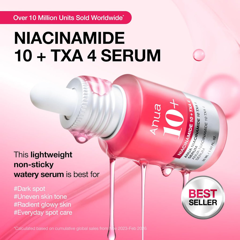 Anua Niacinamide 10 + TXA 4 Serum, Dark Spot Care, Hyaluronic Acid, Tranexamic Acid, Lightweight & Hydrating All-In-One Daily Facial Serum for Glass Skin, Korean Skincare, 1.01 Fl.Oz