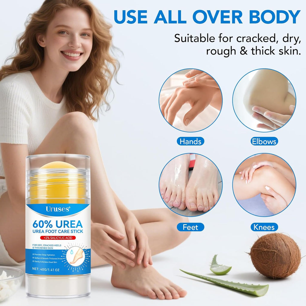 Uruses 3Pack Urea Cream 60% plus Salicylic Acid 2% Urea Foot Care Stick,Foot Cream for Foot Callus Remover, Feet Moisturizer Stick for Dry Cracked Heels, Hands, Knees,Hydrating Heel Balm, Easy to Use