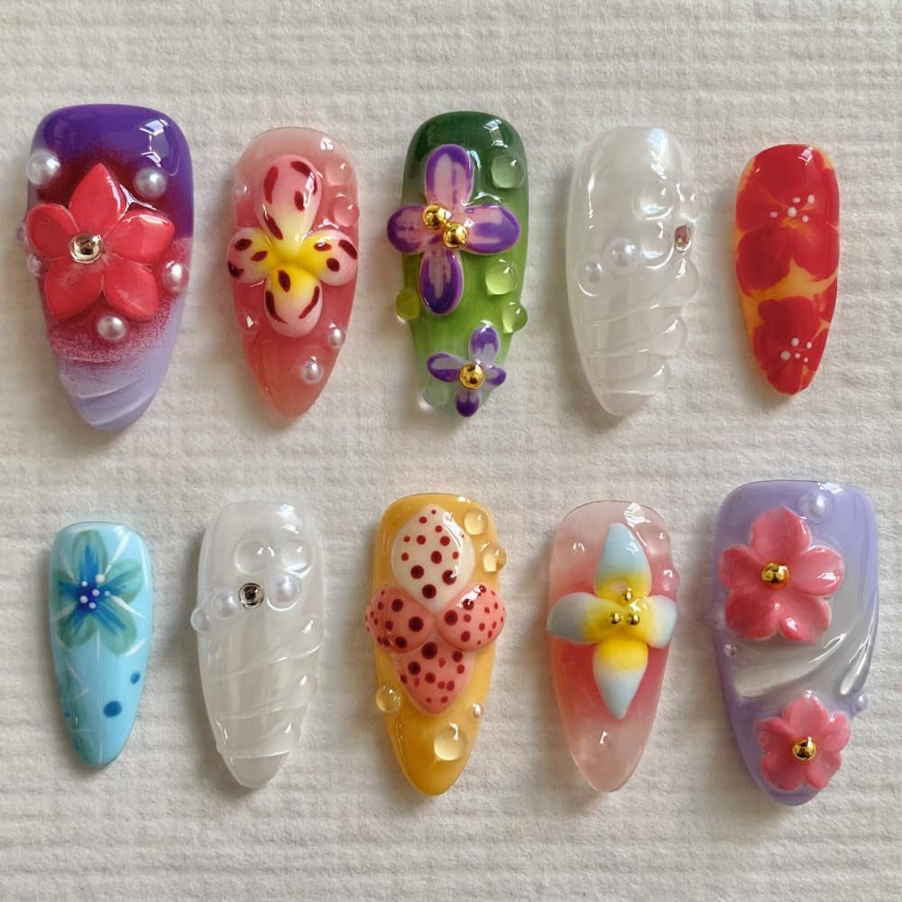 MAGLFELL Salon Press on Nails - 3D Almond Handmade Unique French Fake Nails, Thick Acrylic and Muti-Layer Gel False Nails, Reusable Gel Cured Durable Press Ons (Size S)