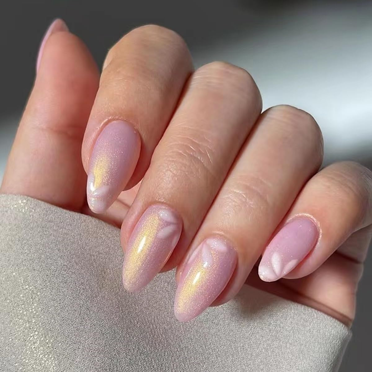 CTTHNBD Press on Nails Almond - French Tip Fake Nails with Gold Line Design - Medium Fasle Nails Press Ons - for Women 24 Pcs