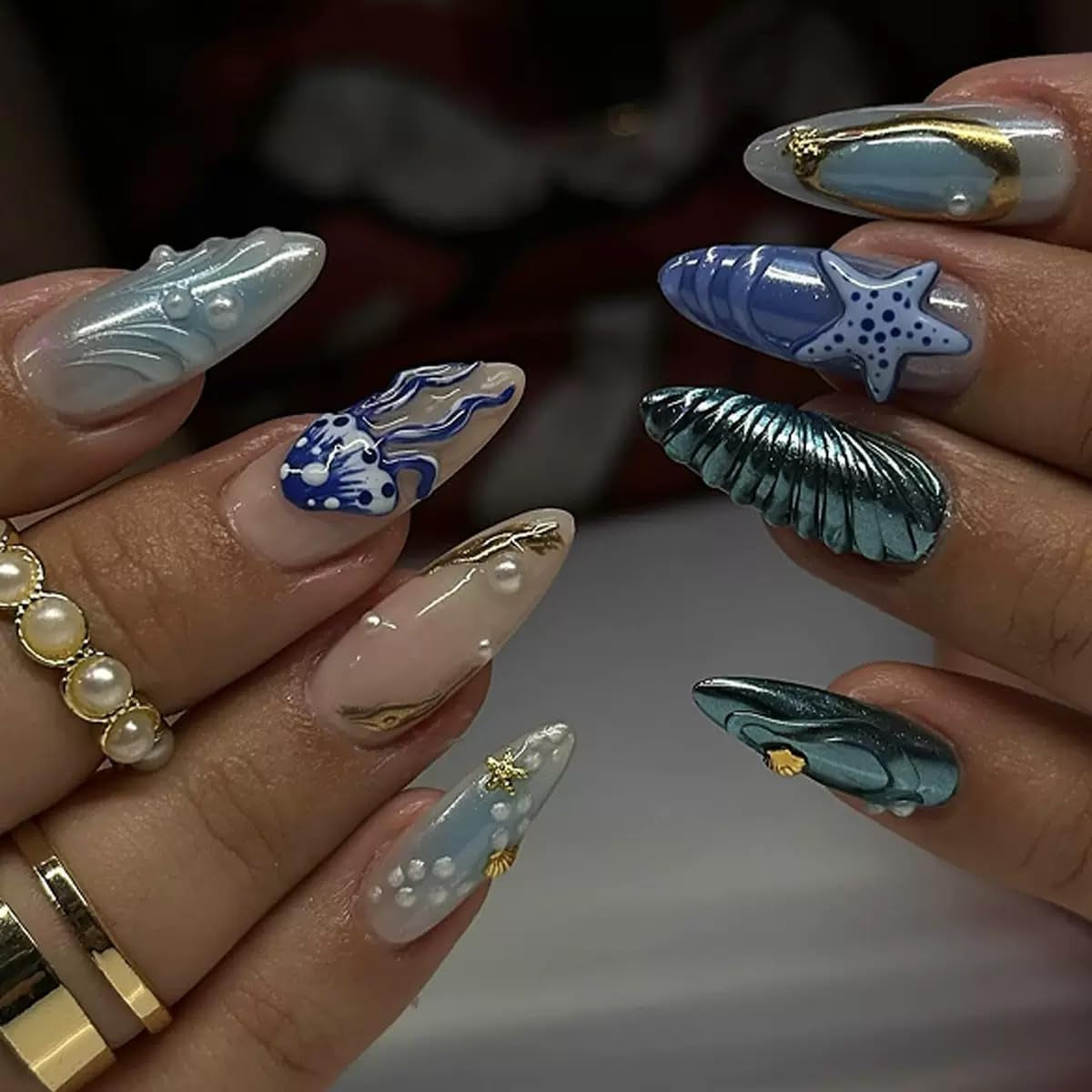 CTTHNBD Press on Nails Almond - French Tip Fake Nails with Gold Line Design - Medium Fasle Nails Press Ons - for Women 24 Pcs