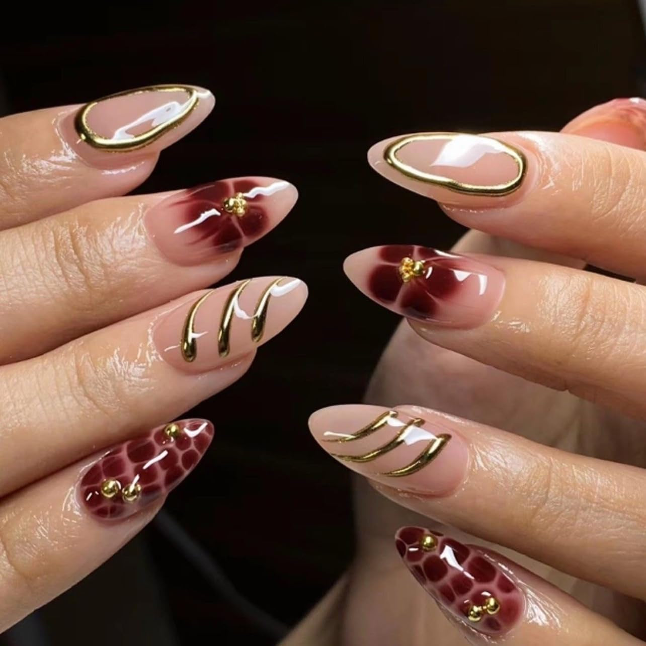 CTTHNBD Press on Nails Almond - French Tip Fake Nails with Gold Line Design - Medium Fasle Nails Press Ons - for Women 24 Pcs
