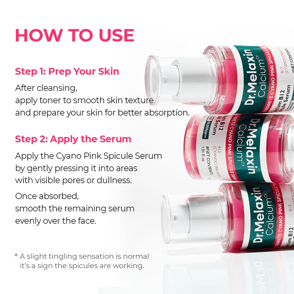 Dr.Melaxin Cyano Pink Spicule Serum with Vitamin B12, Liquid Microneedle Facial Treatment for Enlarged Pores, Niacinamide for Texture Refining & Renewal, 1.01 Fl.Oz