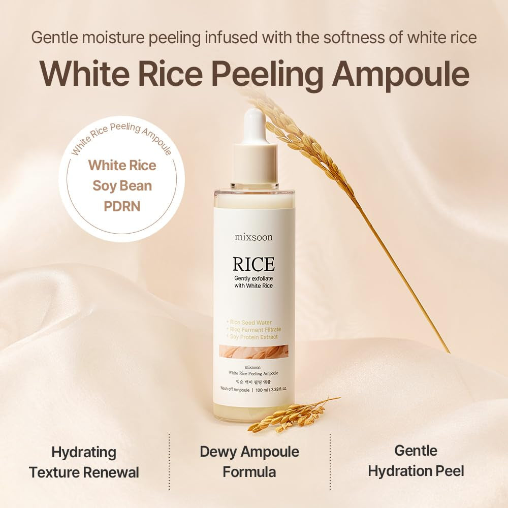 Mixsoon White Rice Peeling Ampoule - White Rice Exfoliant, Gentle Exfoliating Serum for Smooth, Radiant Skin, Dead Skin Cells Remover 100Ml / 3.38 Fl.Oz. Korean Glass Skin Care