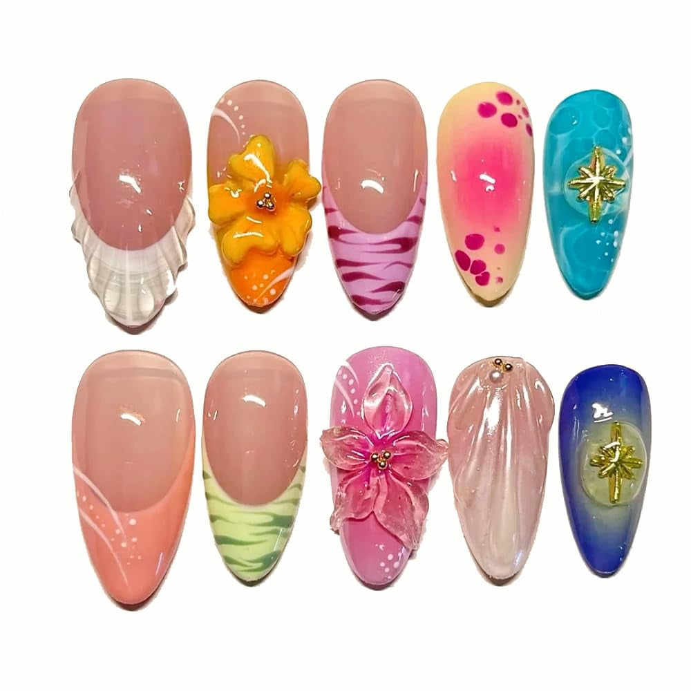 MAGLFELL Salon Press on Nails - 3D Almond Handmade Unique French Fake Nails, Thick Acrylic and Muti-Layer Gel False Nails, Reusable Gel Cured Durable Press Ons (Size S)