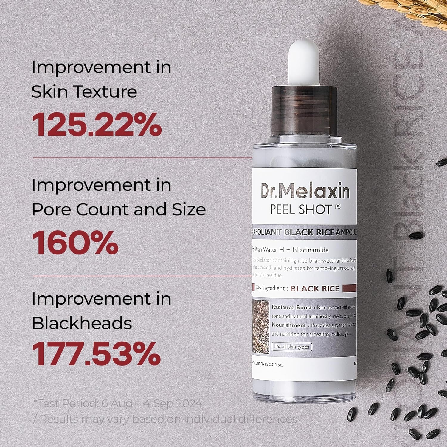 Dr.Melaxin Peel Shot Glow Black Rice Peeling Ampoule – AHA BHA Daily Chemical Exfoliant with Rice Water & Niacinamide, Glass Skin Texture for Dead Skin & Dull Complexion, Korean Skincare 2.7 Fl.Oz
