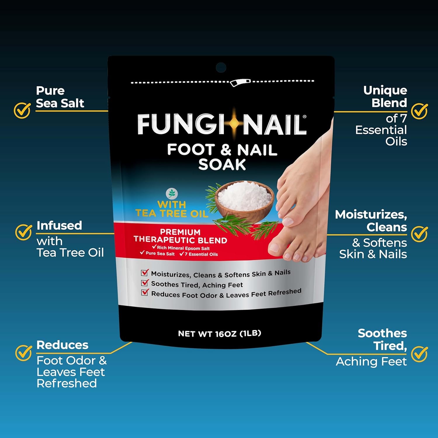 Fungi-Nail Foot & Nail Soak with Tea Tree Oil - Moisturize, Reduce Foot Odor, & Soothe Aching Feet - a Therapeutic Blend of Rich Mineral Epsom Salt, Pure Sea Salt, and 7 Essential Oils - 1 Pound