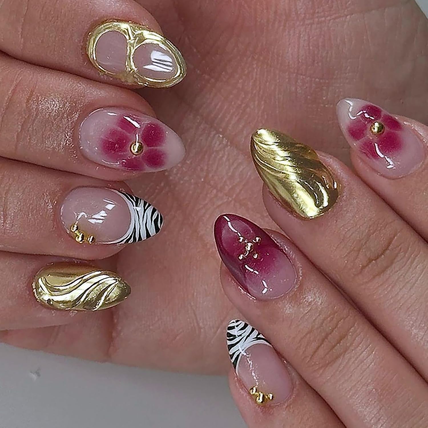 24Pcs Medium Almond Press on Nails French Tip Fake Nails with Brown Leopard Gold Line Design Glossy Reusable False Nail Artificial Acrylic Nails Press Ons Holiday Stick on Nails for Women DIY Manicure