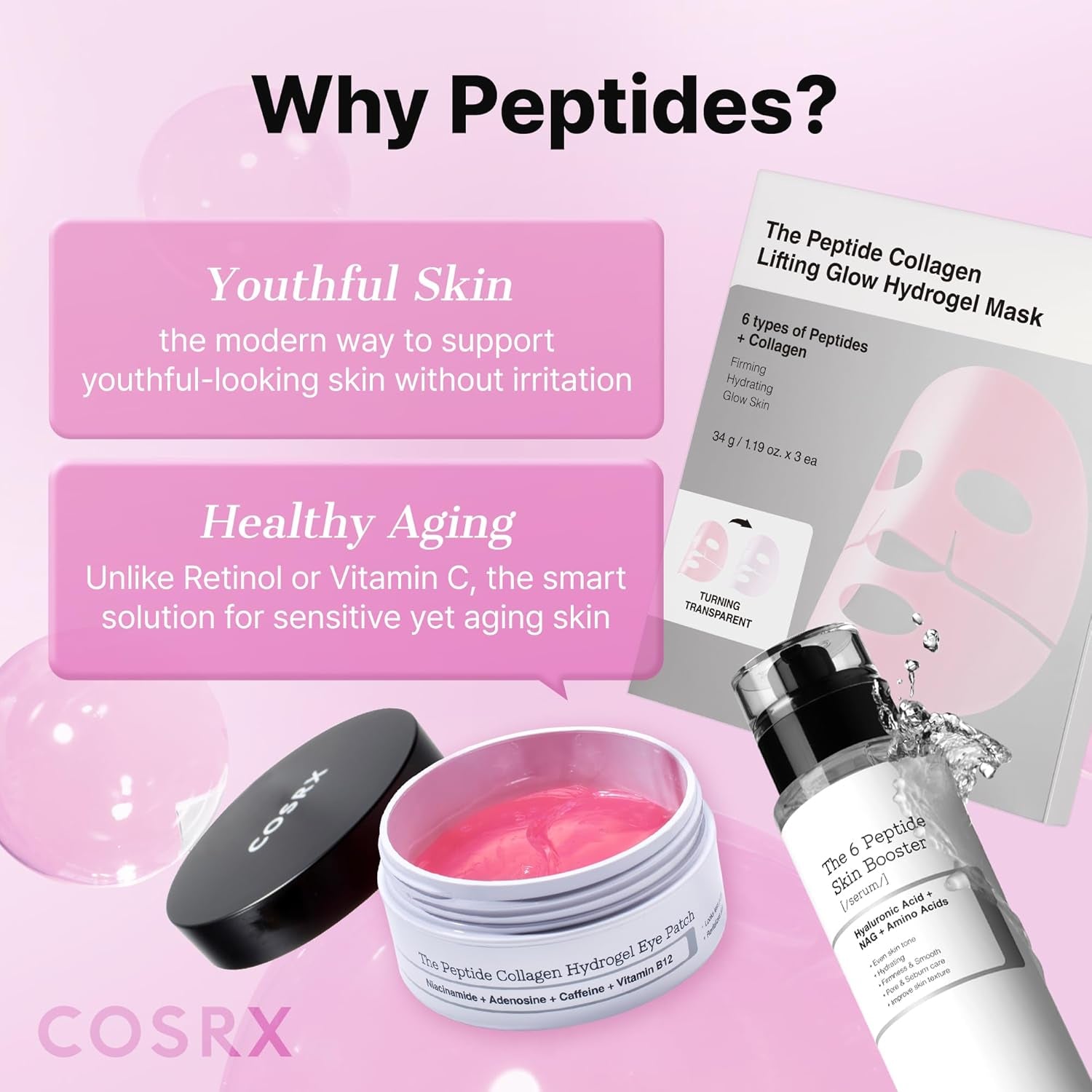 COSRX Pink Peptides Collagen Hydrogel Eye Patch for Puffy Eyes, Dark Circles & Fine Lines, Cooling under Eye Patches (60), Korean Skin Care