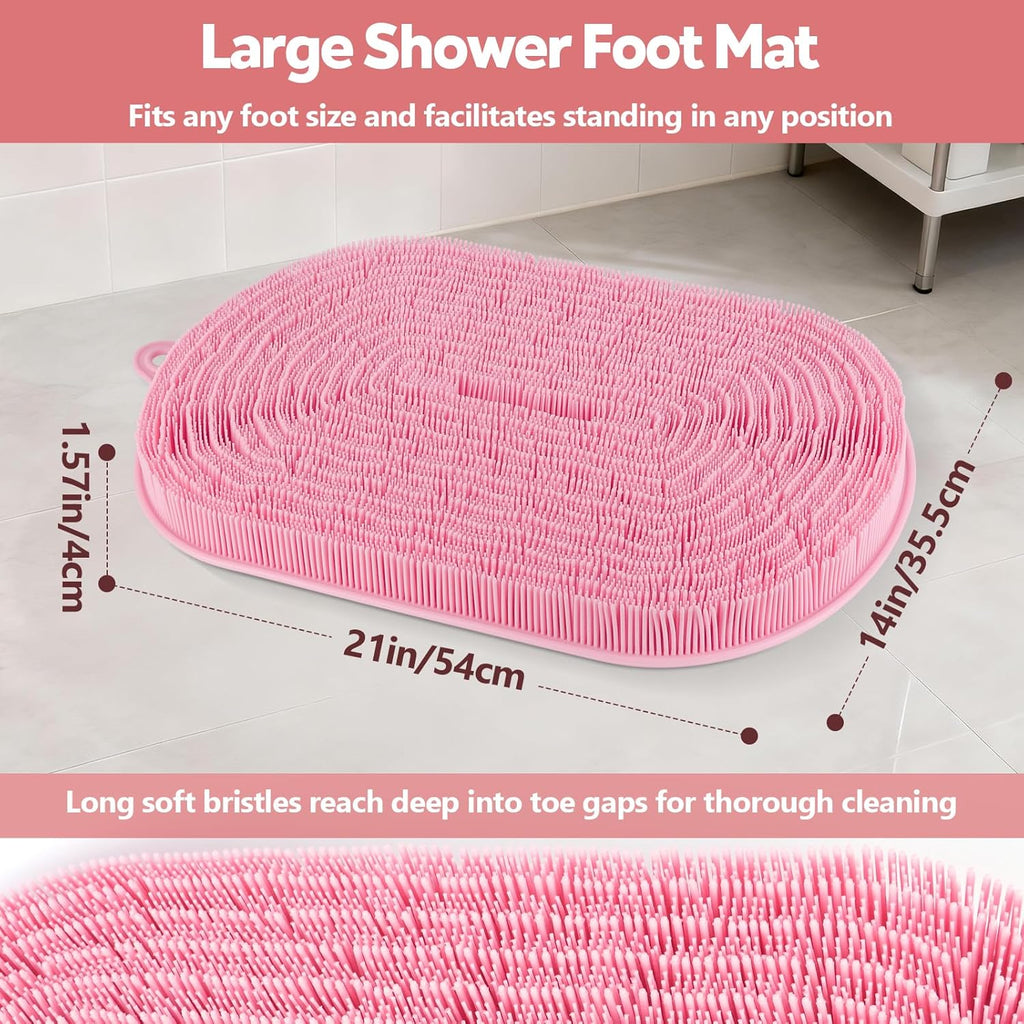 21"×14" Large Shower Foot Scrubber Mat, Silicone Feet/Back Exfoliating Cleaner with Suction Cups, Foot Massage Bath Pad for Dead Skin Removal, No Bending over Soft Bristle Bath Mat