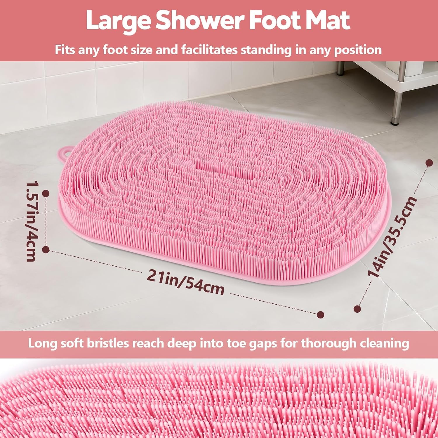 21"×14" Large Shower Foot Scrubber Mat, Silicone Feet/Back Exfoliating Cleaner with Suction Cups, Foot Massage Bath Pad for Dead Skin Removal, No Bending over Soft Bristle Bath Mat