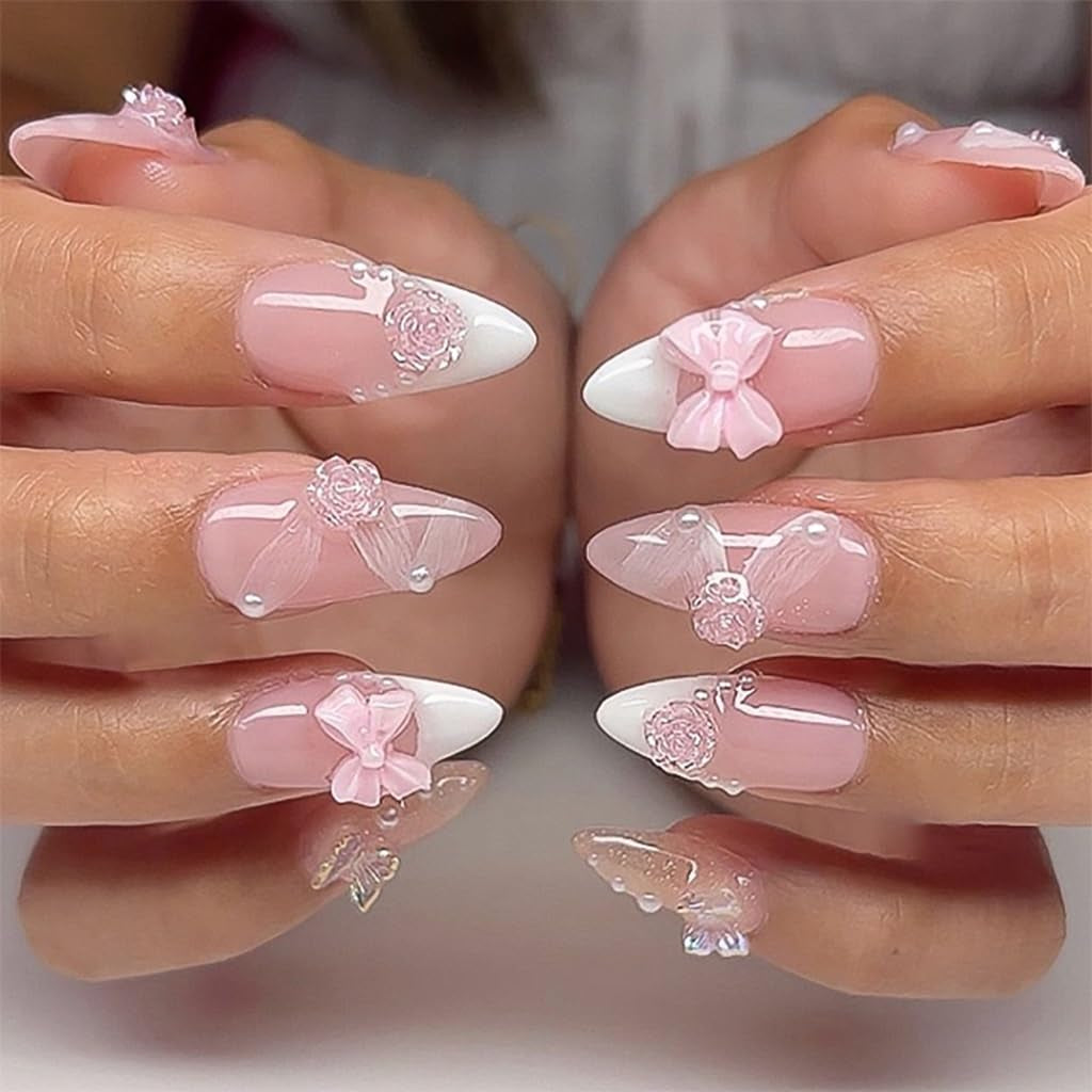 CTTHNBD Press on Nails Almond - French Tip Fake Nails with Gold Line Design - Medium Fasle Nails Press Ons - for Women 24 Pcs