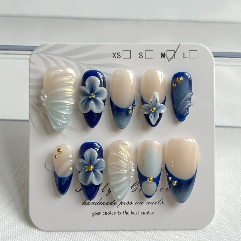 MAGLFELL Salon Press on Nails - 3D Almond Handmade Unique French Fake Nails, Thick Acrylic and Muti-Layer Gel False Nails, Reusable Gel Cured Durable Press Ons (Size S)