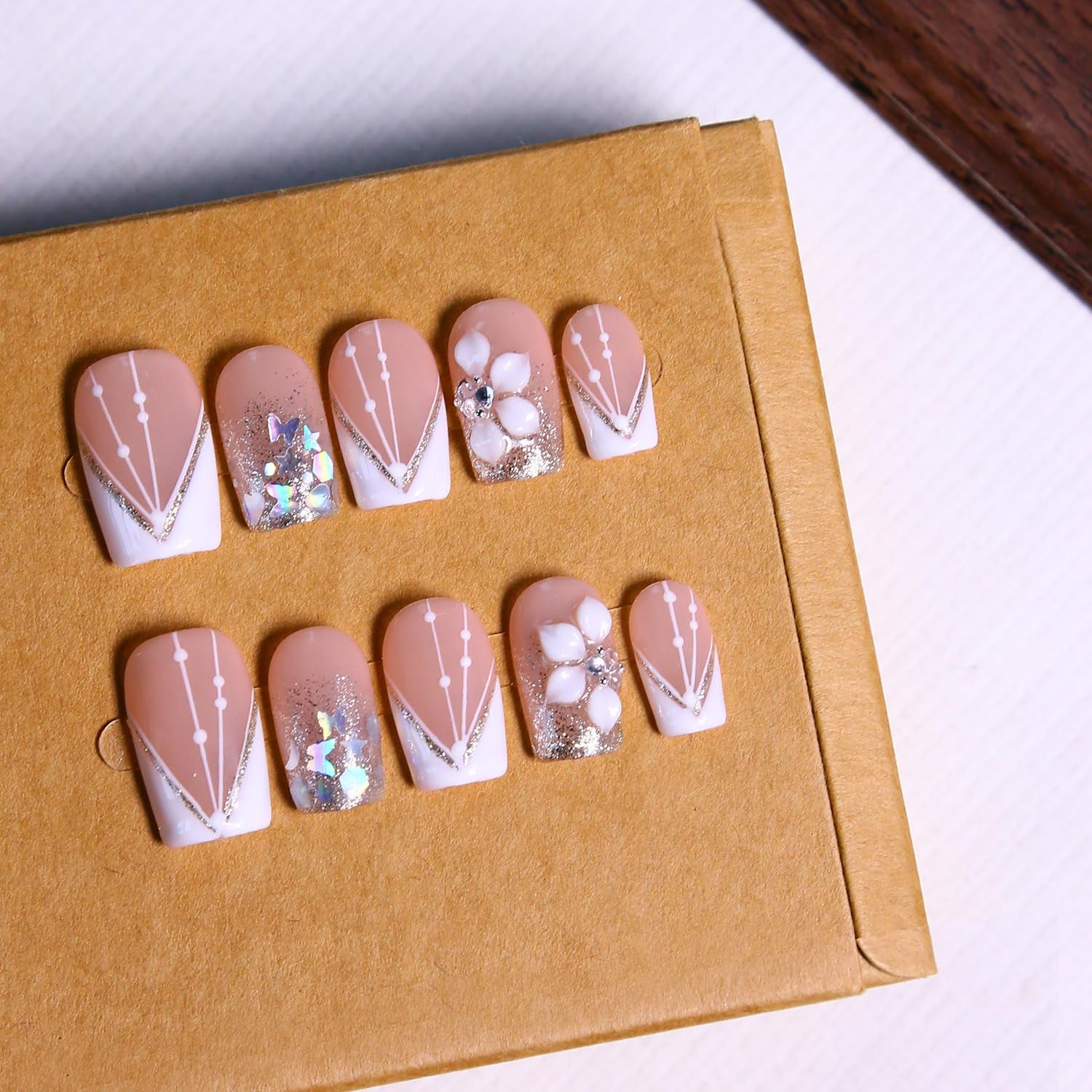 MAGLFELL Salon Press on Nails - 3D Almond Handmade Unique French Fake Nails, Thick Acrylic and Muti-Layer Gel False Nails, Reusable Gel Cured Durable Press Ons (Size S)
