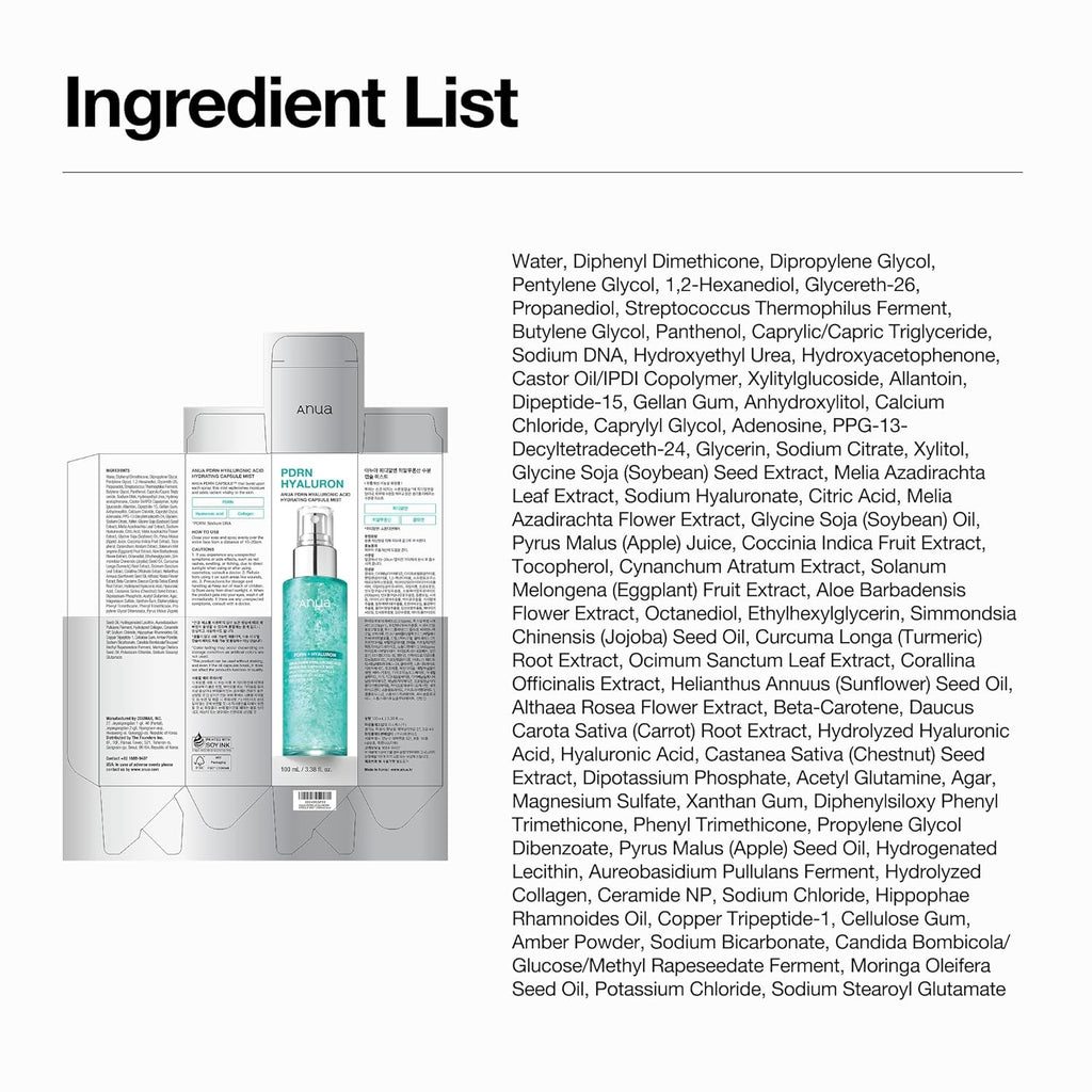 ANUA PDRN Collagen Glow Facial Serum Spray, Hydrating Face Mist, Hyaluronic Acid, Dewy Glass Finish, All Skin Types, Instant Plumping Hydration, Firming Care, Korean Skincare, 3.38 Fl Oz