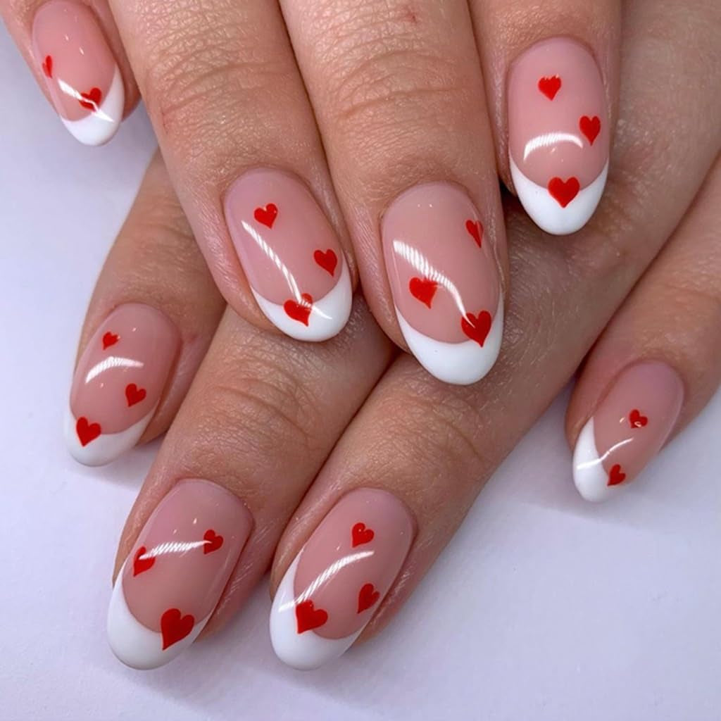CTTHNBD Press on Nails Almond - French Tip Fake Nails with Gold Line Design - Medium Fasle Nails Press Ons - for Women 24 Pcs