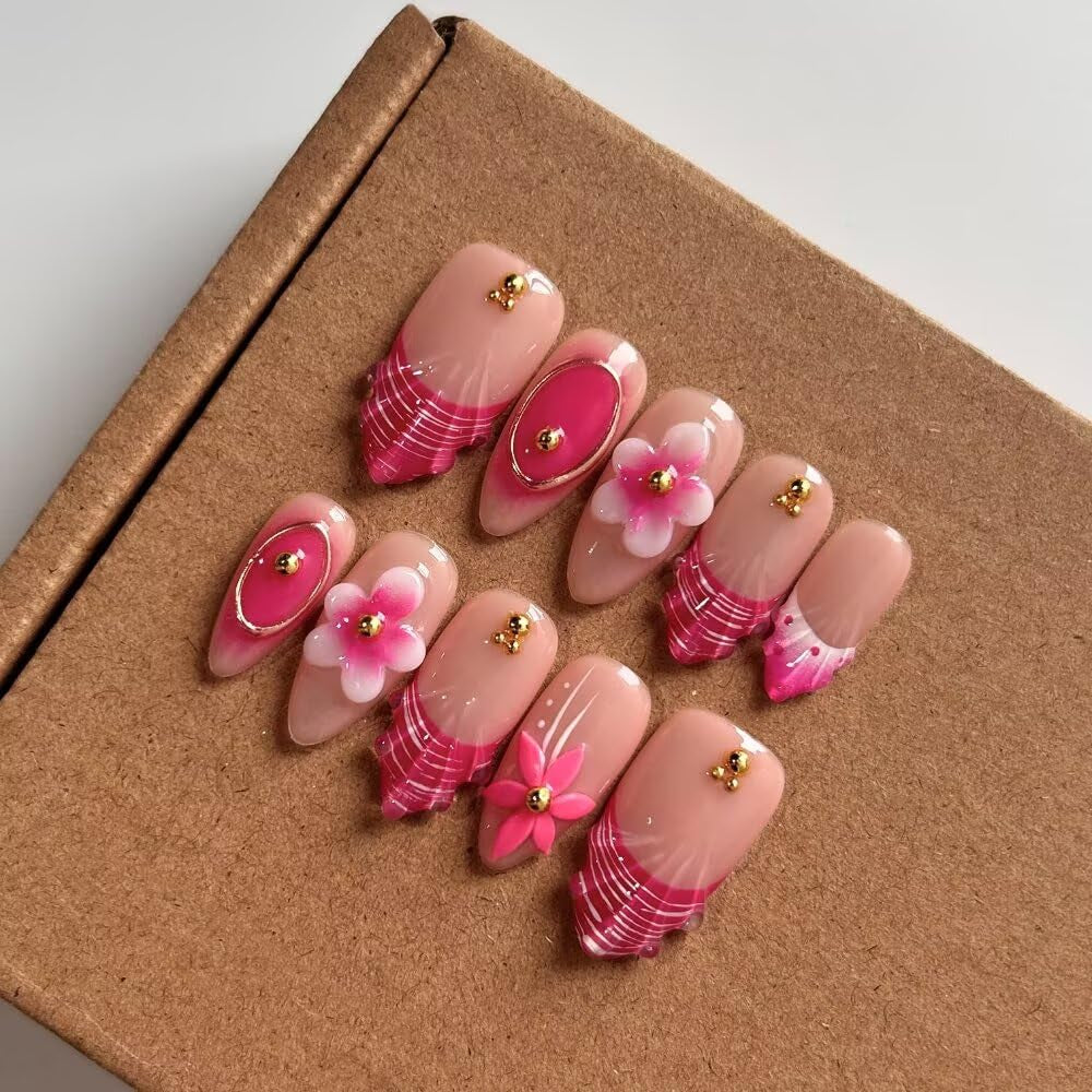 MAGLFELL Salon Press on Nails - 3D Almond Handmade Unique French Fake Nails, Thick Acrylic and Muti-Layer Gel False Nails, Reusable Gel Cured Durable Press Ons (Size S)