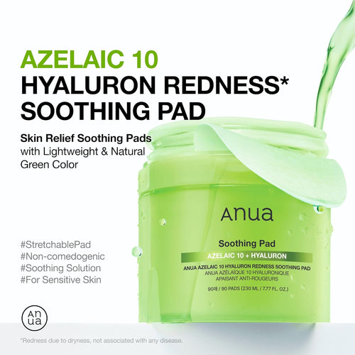 ANUA Azelaic 10 Hyaluron Redness Soothing Pad, Troubled & Spot Care, Quick & Easy Stretchable Facial Mask with Azelaic Acid, Hyaluronic Acid, Korean Skincare (90 Pads)