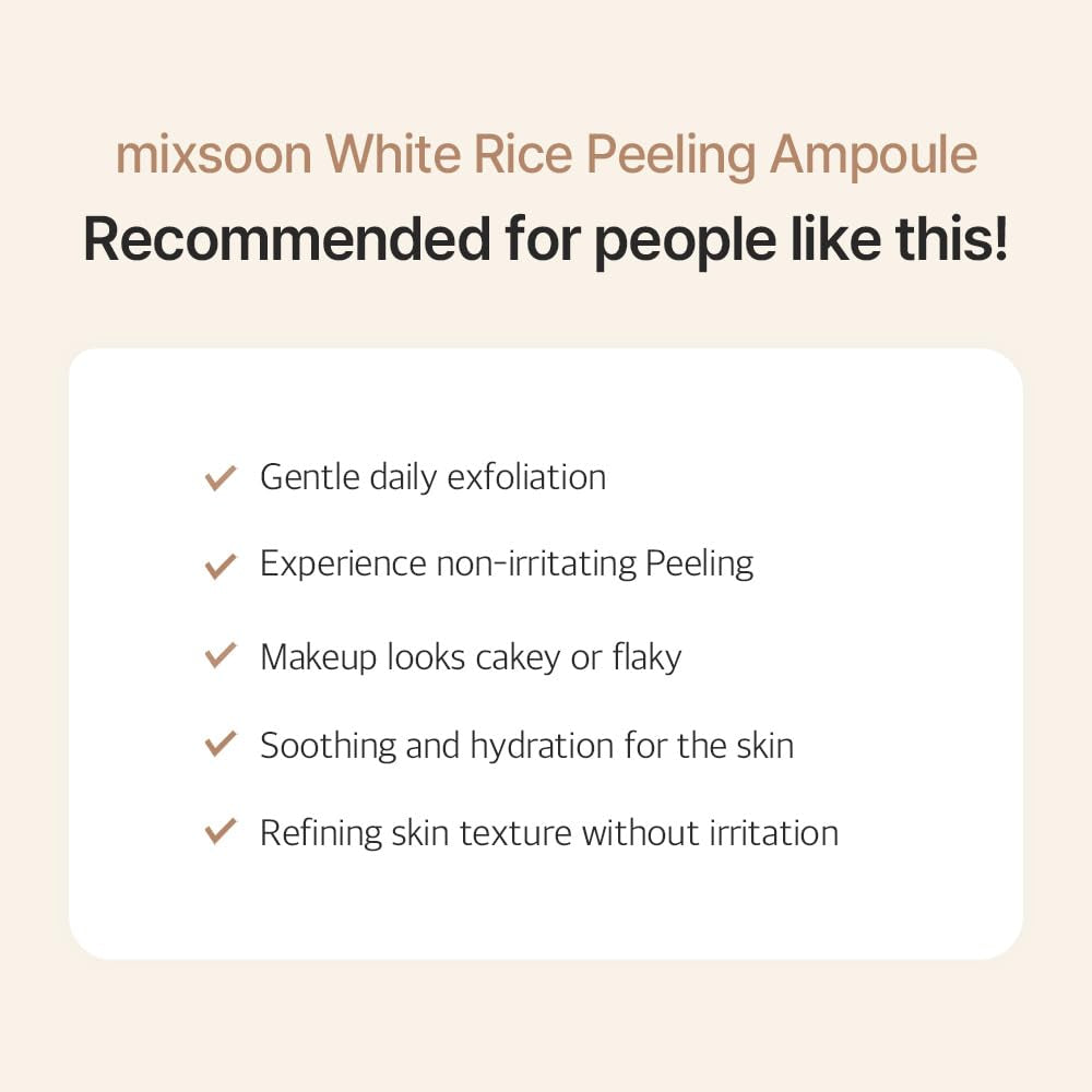 Mixsoon White Rice Peeling Ampoule - White Rice Exfoliant, Gentle Exfoliating Serum for Smooth, Radiant Skin, Dead Skin Cells Remover 100Ml / 3.38 Fl.Oz. Korean Glass Skin Care
