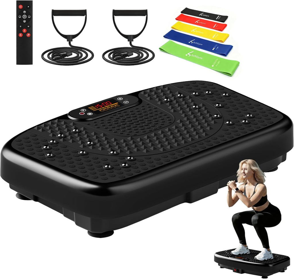 Softgym Vibration Plate Exercise Machine for Lymphatic Drainage,Power Vibrate Stand Shake Board 450 Lbs Capacity Whole Body Workout Waver with Fitness Resistance Bands Weight Loss Gifts for Women Men